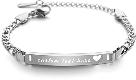 JewelryWe Schmuck Personalisierte Armband Herren Damen mit Gravur Edelstahl Herz Figaro Kette ID Armkette Figaro-Armband Verstellbar Kettenarmband Silber