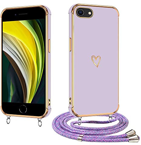 E-Lush Cover per iPhone 8/ iPhone 7 con Cordino, Ultra Sottile Cuore Amore Elettrolitico Cover per iPhone SE 2020/ iPhone SE 2022, Morbido TPU Silicone Custodia con Regolabile Collana, Viola