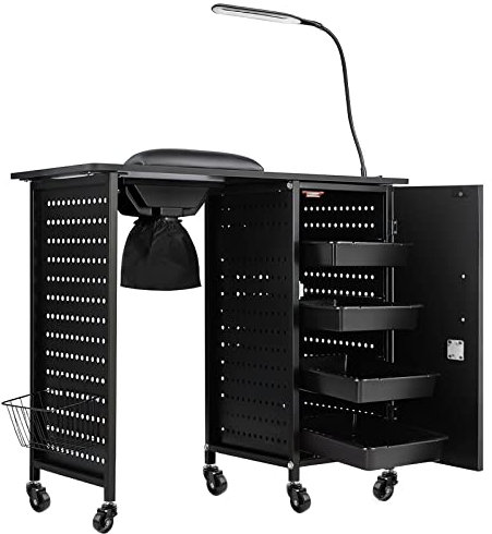 Kalolary Maniküre Nageltisch, Mobile Nagelstation mit Nagelstaubsammler,4 Schubladen, LED-Lampen, Handballenauflage für Heimtechniker, Spa, Schönheitssalon, Arbeitsplatz, schwarz
