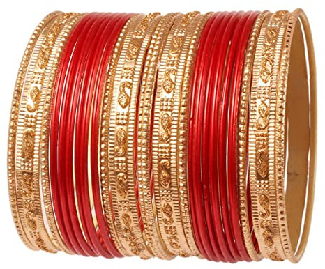Touchstone Indische Bollywood „Colorful 2 Dozen Bangle Collection“ Golden Glitters texturierte rote Farbe Designer-Schmuck spezielle Armreifen Armbänder Set von 24 in Gold Tone für Frauen.