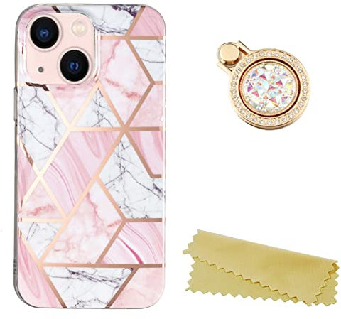 Yiscase Compatible with iPhone 14 Marble Case with Stand Ring Holder Kickstand Glitter Sparkle Design Women Girls Slim Protective Phone Case Soft Cover with Wipe Cloth - Pink