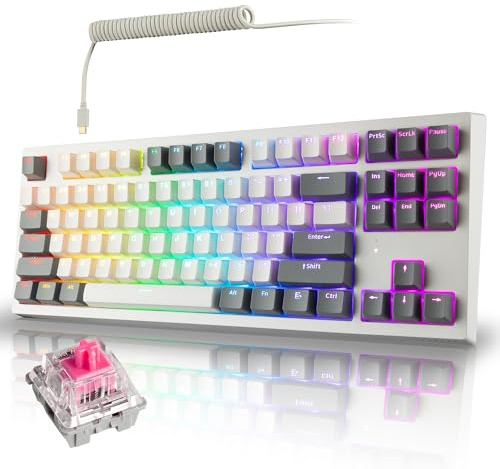 TECWARE Phantom+ Elite Mechanische Gaming-Tastatur mit 87 Tasten, RGB, 3 Modi, kabellos, Bluetooth 5.0, 2,4 GHz und USB C verkabelt, Hot Swappable 5-polig, Double Shot PBT-Tastenkappen, Wraith Pink