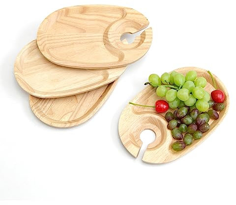 GinSent Wood Appetizer Plates Set of 4,Wooden Cocktail Appetizer Plates with Wine Glass Holder,Small Cheese Board for Wine Party,Housewarming Party,Birthday Party(Rubber Wood)