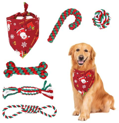 GothicBride 6 Stück Hundespielzeug Weihnachten, Geschenk Weihnachten Enthält 5 Hundespielzeuge Seil Naturbaumwolle & 1 Rot Hunde Halstücher, Hunde Kauspielzeug Weihnachten Hundespielzeug Zuckerstange
