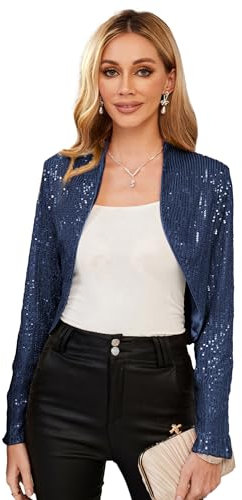 Belle Poque Women Sequin Jacket Long Sleeve Open Front Party Cropped Cardigan Shrugs, Navy Blue#bp0577