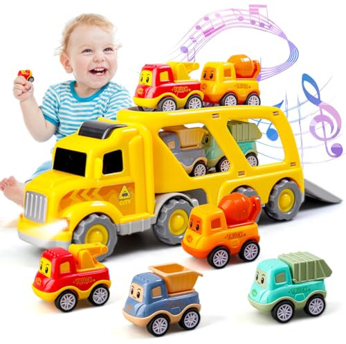 Daioller Jouets Camion de Transport, Camion de Construction avec 4 Voitures de Dessin animé à Tirer, Camion à inertie pour Enfant, véhicules d'ingénierie de la Ville avec Son et lumière Clignotante