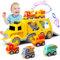 Daioller Jouets Camion de Transport, Camion de Construction avec 4 Voitures de Dessin animé à Tirer, Camion à inertie pour Enfant, véhicules d'ingénierie de la Ville avec Son et lumière Clignotante