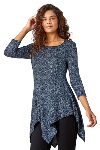 Roman Originals Glitter Hanky Hem Tunic Stretch Top for Women UK - Ladies Everyday Autumn Winter Round Neckline Comfy Soft Evening Vacation Work Party Night Out - Royal Blue - Size 10