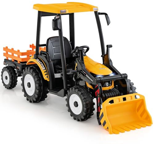 COSTWAY Electric Ride on Tractor and Trailer, 12V Battery Powered Kids Toy Car with Remote Control, Moveable Bucket, Light, Music, Safety Belt (Yellow)