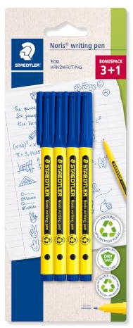STAEDTLER Noris 307 Fineliner – Blau, 4er Set, 0,6 mm | Stabile Spitze, 97 % recyceltes Plastik, DRY SAFE tagelang offen – Art.-Nr. 307-3 BK4