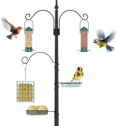 ZENO Bird Feeder with 3 Bird Feeders & 2 Dishes | Bird Feeders Hanging Station | Bird Feeding Station | Bird Feeder Pole | Metal Feeder Stand for Birds | Weather Resistant | Heavy Duty