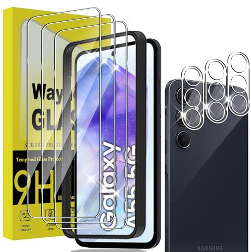 Wayneer Schutzfolie für Samsung Galaxy A55 5G für Panzerglas mit Rahmen Positionierhilfe, 3 Stück Panzer Schutz Glas & 3 Stück Kameraschutz, Anti-Kratzen Folie 9H Härte HD Folie