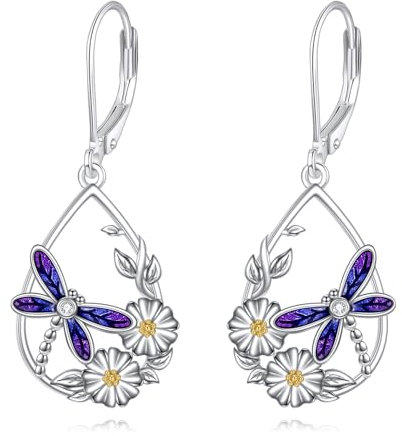 Kolibri/Biene/Schmetterling/Libelle Ohrringe für Damen 925 Sterling Silber Gänseblümchen Hängend Ohrhänger für Mädchen Vogel Schmuck Geschenk (Öl tropft Libellengänseblümchen)