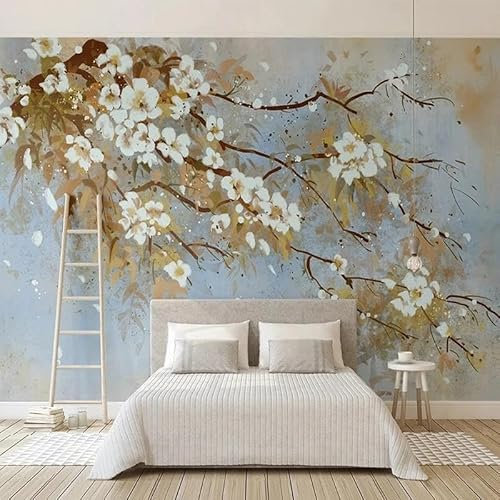 Papier Peint Photo Personnalisé Dessiné À La Main, Peintures Murales Vintage À Fleurs De Prune, Décoration Murale De Fond De Salon Et De Chambre À Coucher, Peinture Murale Étanche 150Cm(W)×105Cm(H)