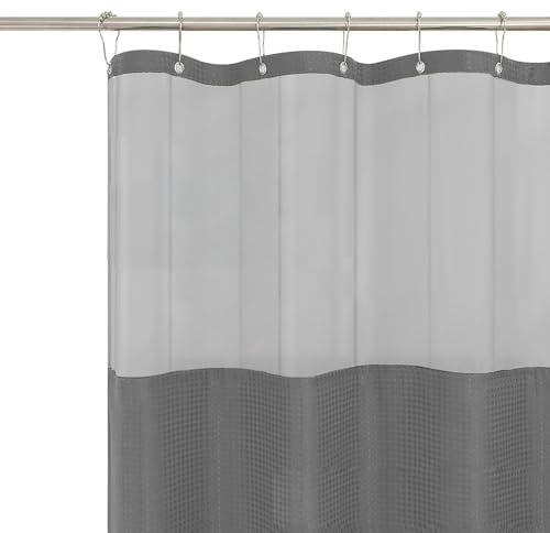 NCONCO Waffle Weave Shower Curtain with Snap-in Fabric Liner & 12 Hooks, 100% Polyester Shower Curtain, Superior Water Resistant, Double Layers Shower Curtain with Mesh Top Window, Grey
