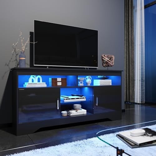 ELEGANT 1350mm Modern High Gloss TV Stand Cabinet with Ambient Light for 22-55 Flat Screen 4k TVs/LED Light TV Cabinet with Shelves and Cabinets for Living Room Bedroom, Black