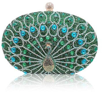 CORIOS Pfau Abendtasche für Damen Shiny Strass Clutch Tasche Diamant Clutch Tasche Kette Schultertasche Klein Tasche Elegante Luxus Abschlussball Hochzeit Bankett-Party Umhängetasche Grün