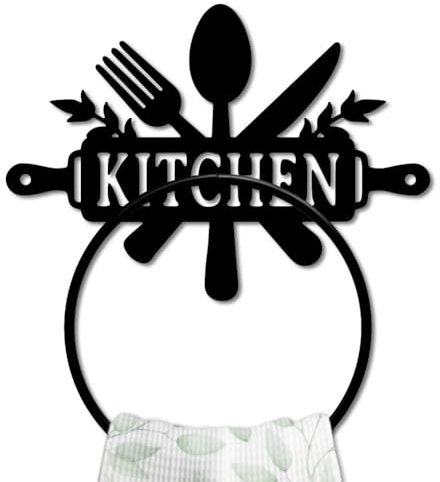MAYJOYDIY Kitchen Metal Towel Ring Knife Fork Spoon Hand Towel Holder Round Cookware Theme Towel Hangers Black Bathroom Towel Rack Wall Mounted for Kitchen Bath Home Laundry Room Decors Gifts