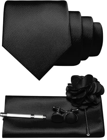 JEMYGINS Herren Krawatte aus Twill mit einfarbigem Design inklusive Pocket Square Manschettenknöpfen Krawattenklemme und Blütenbrosche Geschenkset für Partys Business Hochzeiten Schwarz