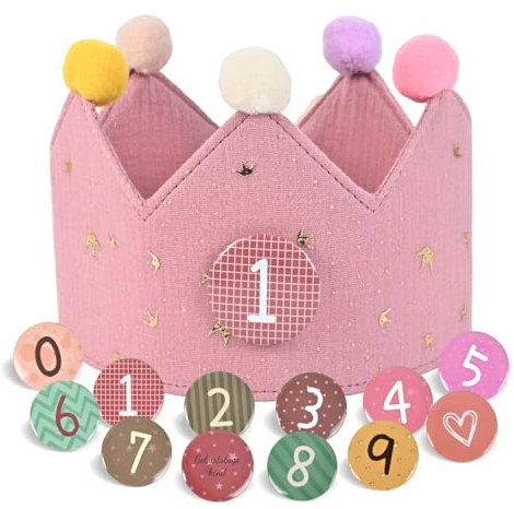 JIAWWAN Geburtstagskrone für Kinder, Geburtstagskrone Stoff Verstellbar, Krone Geburtstag Unisex mit Auswechselbaren Zahlen von 0-9, Geburtstagskrones Musselin für Kindergeburtstag Party (Dunkelrosa)