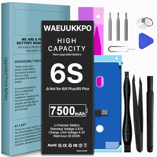 7500mAh Batterie pour iPhone 6S, Haute Capacité Batterie de Remplacement pour 6S modèle A1633, A1688, A1700 avec Kit d'Outils de Remplacement Complet