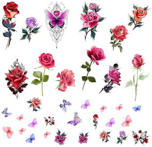 Temporäre Tattoos, Schwarze Rosen und Bunte Blumen Design, Aufkleber für Frauen (rosy)