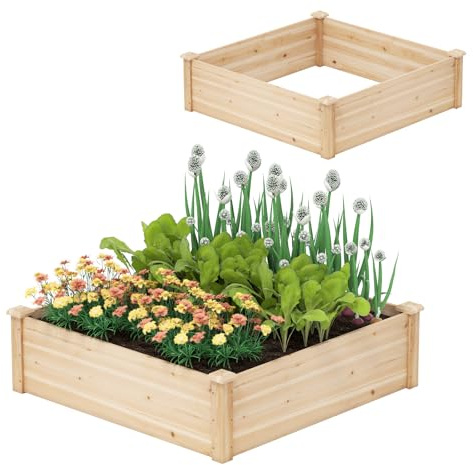 HOMASIS Huerto Urbano Terraza, Jardinera Elevada de Madera de Abeto con Suelo Abierto, Mesa de Cultivo Exteriores para Flores, Hierbas en Balcón (102 x 102 x 30 cm)