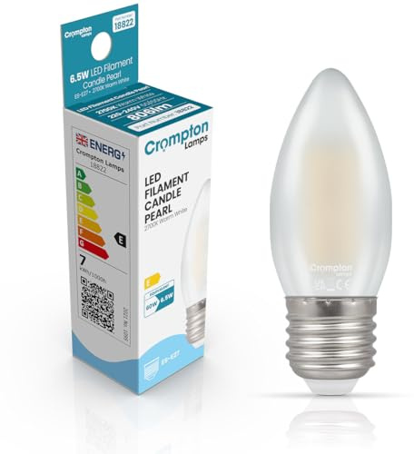 Crompton Lamps Filament Candle LED Light Bulb ES-E27 | 6.5W = 60W Equivalent | Warm White 2700K | Energy Efficient | Edison Screw Lightbulb | Long Life 15,000-Hrs | Pearl Glass | Dimmable