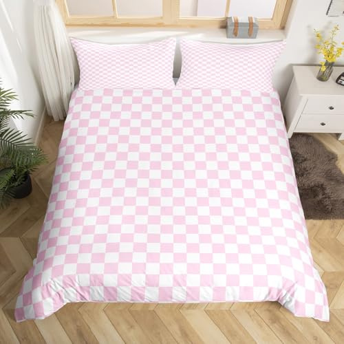 Homemissing Checkerboard Grid Bettwäsche Set 220x240cm 3Stück Kids Classic Plaid Bettbezug Set für Jungen Mädchen Rosa Betten Set Weiche Leichte Mikrofaser