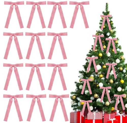 Coogime Weihnachtsbaum Schleifen Deko, 15 Stück Weihnachtsschleifen, Samt-Schleifen Dekoration, Geeignet für Weihnachten, Geburtstag, Hochzeit, Party, Geschenkband (pink)