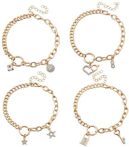 HOBBIESAY 4 Stück Gold Armketten für Damen Verstellbares Ketten Armband Set mit Strassstein Charms Herz Stern Schloss Schlüssel Charms Armbänder Set Modische Armbänder Curb Kabelkette für 8 25 Zoll