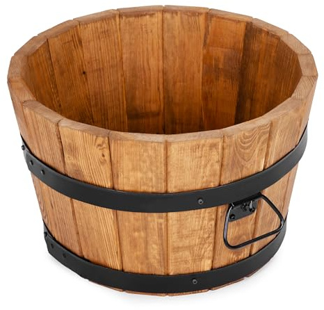 Drewdon Großer Holz Blumentopf Runder Garten Pflanzkübel mit Metallringen Dekoratives Holzfass als Pflanztopf Wetterfeste Blumenkübel für draußen Balkon Terrasse & Garten (Hellbraun, Ø42 x H26)