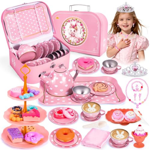 Hohosunlar Kid Tea Set for Toddler, Princess Tea Party Toy for Children 3-8 | Tin Tea Cups Set for Girls, Teapot Dessert Kitchen Pretend Play with Carrying Case, Christmas Birthday Gift for Girls Age 3-8