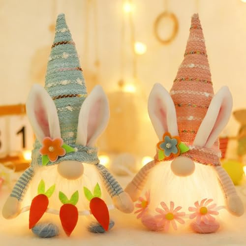 Osterdeko Wichtel, 2 Stück Ostern Deko Wichtel Figuren mit LED Licht, 26 cm Groß Osterwichtel Puppen Batteriebetrieben, Plüsch Oster Wichtel Beleuchtet für Osterdeko Innen, Tischdeko, Party Deko (G)