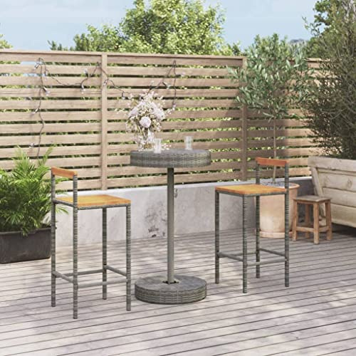 mzdioop 3-TLG Gartenbar-Set Grau Poly Rattan mit Massivholz Akazie wetterfest für Terrasse Balkon Outdoor mit Tisch und 2 Barstühlen für Garten Lounge und Essgruppe