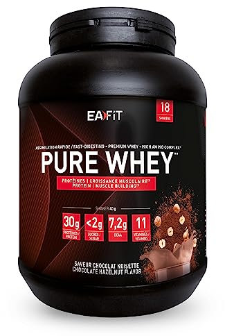 WHEY PROTEIN - Chocolat / Noisette - EAFIT - Marque Française N°1 en Nutrition Sportive - 30g de Proteine Whey - BCAA - Shaker Proteine - Pre Workout, Musculation - Protéines Whey - 750 g