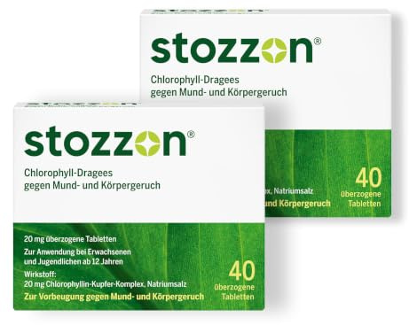 Stozzon Chlorophyll-Dragees 20 mg überzogene Tabletten | Mundgeruch und Körpergeruch wirksam vorbeugen - Spar-Set: 2x 40 Dragees