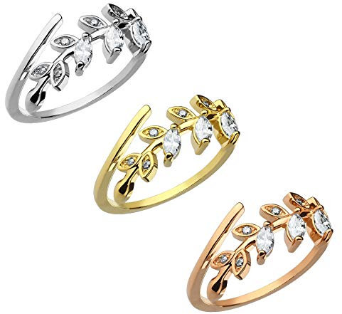 Paula & Fritz® Verstellbarer Damen-Ring Gelb-Gold Rosé-Gold Silber Blätterranke Zirkonia Freundschafts-Ring Herrening Verlobungs-Ring Edelstahl 316L R-A17555_Set
