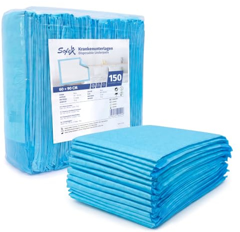 Sofex Inkontinenzunterlagen Einweg 60x90 cm – 150 Stück, 5-lagig – Krankenunterlagen 60x90, Inkontinenz Bettunterlage, Unterlagen Bett Inkontinenz, Wickelunterlage, Saugstark, und rutschfest