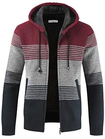 Shuanghao Uomo Moda Cardigan Giacca con Cappuccio Maglione Maglia Manica Felpa Lunga n zipRighe Caldo Invernale Outwear Tops Cappotti Cardigan con Cappuccio Giacca Maglione Uomo (XL, Rosso)