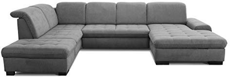 CAVADORE U-Form Lexi mit XXL-Longchair / Inkl. Bett, Bettkasten, Stauraum und Kopfteilfunktion / Leichte Fleckenentfernung dank Soft Clean / 329 x 82-99 x 224 / Flachgewebe: Grau