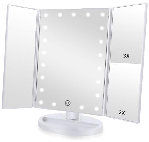 Flymiro Tri-fold Lighted Vanity Makeup Mirror with 3x/2x Magnification,Light up Mirror for Makeup,Touch Screen 21 LEDs,180° Rotation Countertop Cosmetic Mirror,Gifts for Women Mom Teen Girls