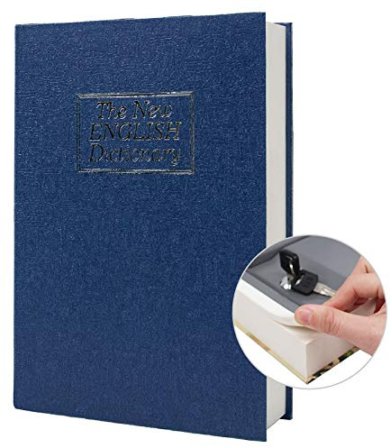 Real Paper Diversion Book Safe Storage Box, Dictionary Secret Safe with Code Lock/Key, flip Book Hidden Safe (M Key, Blue dictionary)