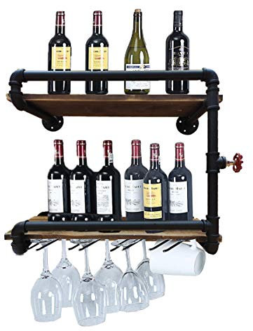 Industrielle Wandmontierte Weinregale mit 4 Stielgläsern, 61 cm, rustikaler Metall-Weinhalter, Glasregal, 2 Ebenen, schwebende Barregale, Flaschenhalter, Lagerregale, Holzregale