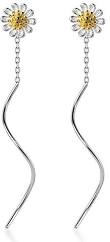 Dainty Daisy Flower Tassel Chain Dangle Drop Earrings S925 Sterling Silver for Women Girls Cute Chrysanthemum Long Threader Dangling Stud Earring Fashion Jwewlry Hypoallergenic Sensitive Ears BFF