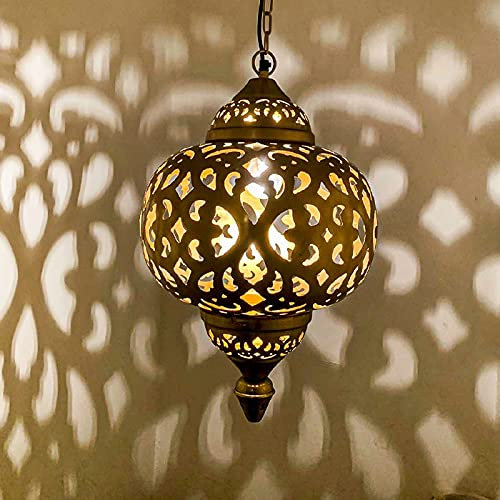 Orientalische Indische Messing Hängelampe Deckenlampe Shiva Gold, mit Aufhängekette Baldachin und E27 Lampenfassung, Schöne Dekoration für Wohnzimmer, Küche, Esszimmer, Büro oder Schlafzimmer