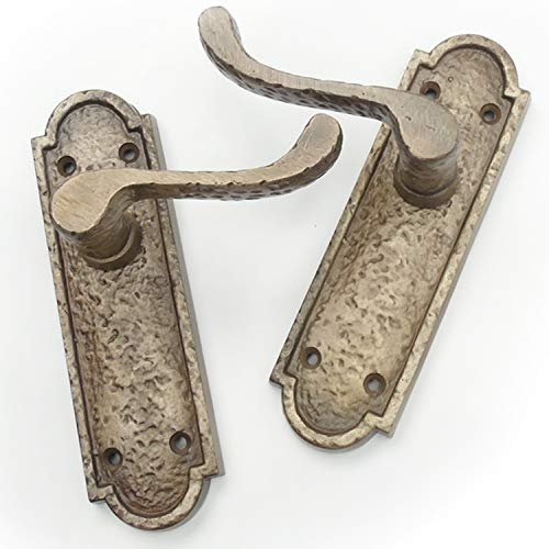 Pair of Antique Brass Finish Cast Iron Hammered Scroll Lever Door Handles on Back Plate