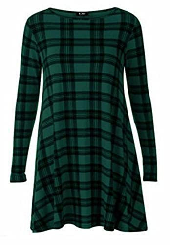 Women Long Sleeve Printed Casual Swing Ladies Dress Flared Skater Smock A Line Plus Size Tops UK (Green Tartan, 12)