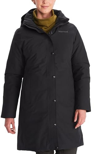 Marmot Damen Wm's Chelsea Coat, Leichte Daunenjacke, wasserdichter Daunenparka, warmer Wintermantel, regendichte Winterjacke, winddichte Funktionsjacke, Outdoorjacke mit Kapuze, Black F22, L