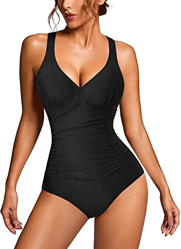 KUMAYES Damen Badeanzug Monokini Bauchweg Schlankheits Badeanzug V Ausschnitt Badebekleidung Bauchweg Bademode Swimsuit (XXL, Schwarz)